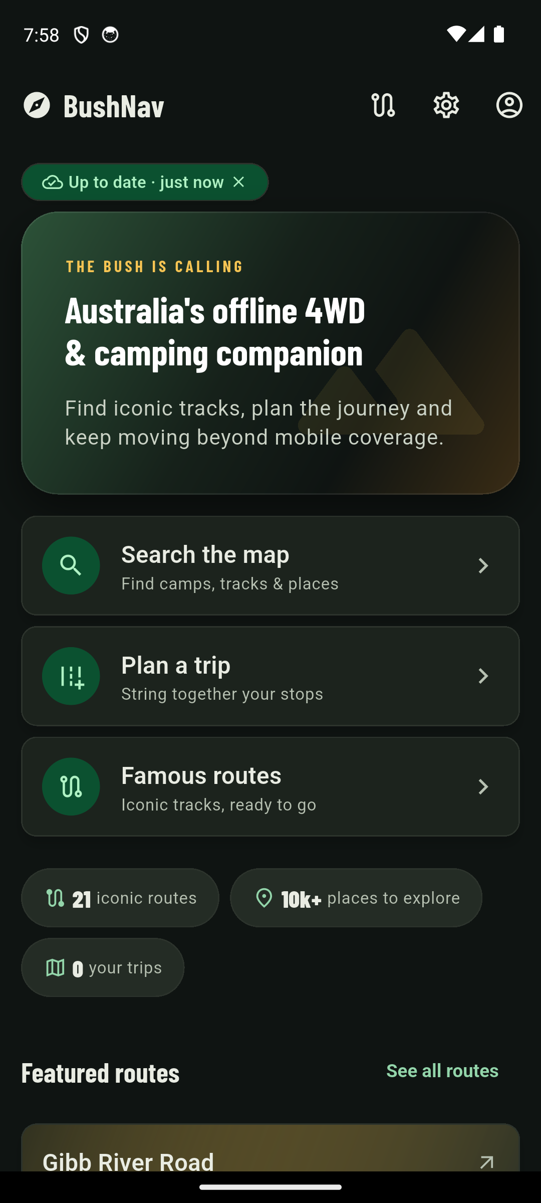 BushNav home screen showing search, trip planning and famous routes shortcuts, with 21 iconic routes and 10,000-plus places to explore
