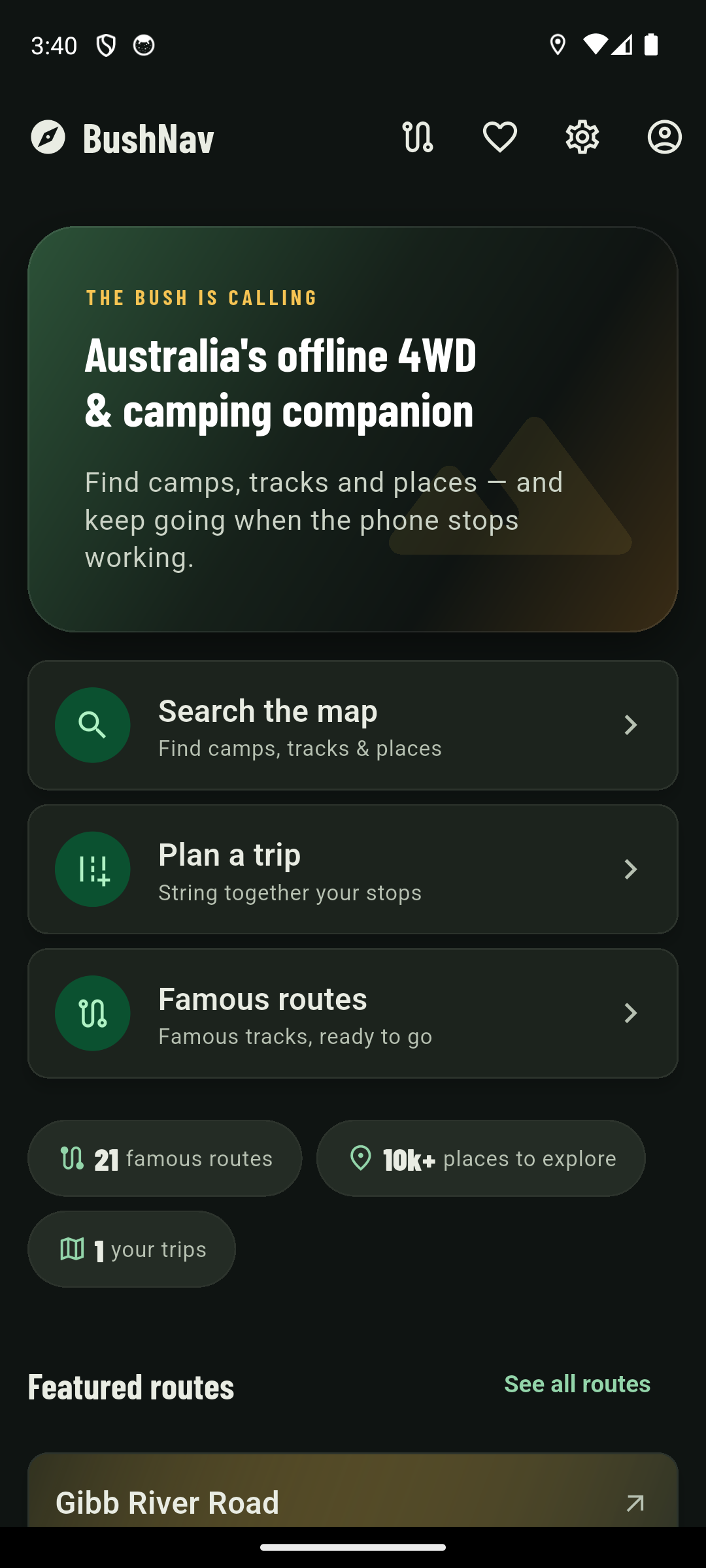 BushNav home screen showing search, trip planning and famous routes shortcuts, with 21 iconic routes and 10,000-plus places to explore