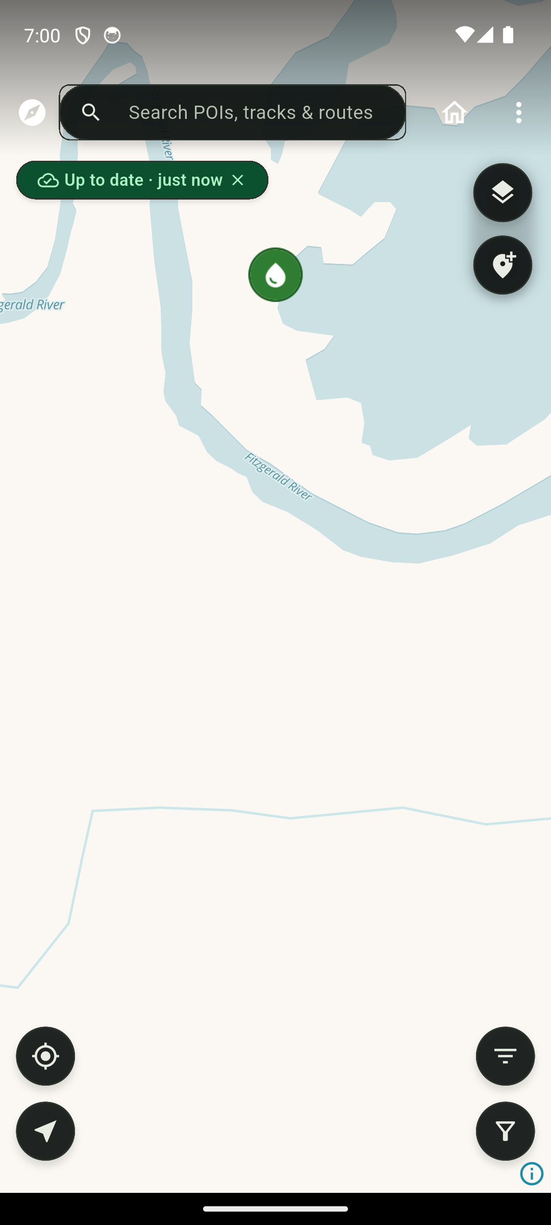 BushNav mobile map screen centred on a water point along the Fitzgerald River, with layer and add-POI controls