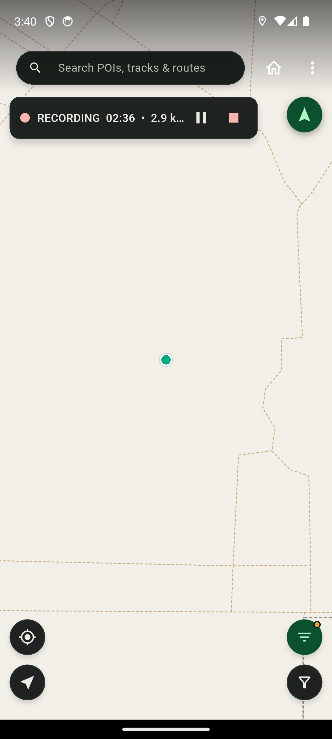 BushNav trip recording in progress on the map — live distance, duration and speed with pause and save controls