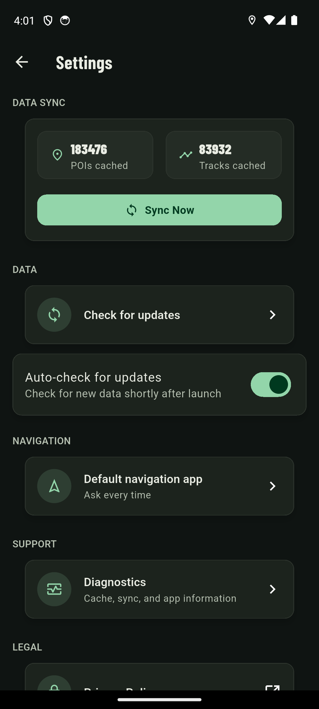 BushNav settings screen showing 183,000 POIs and 83,000 tracks cached for offline use