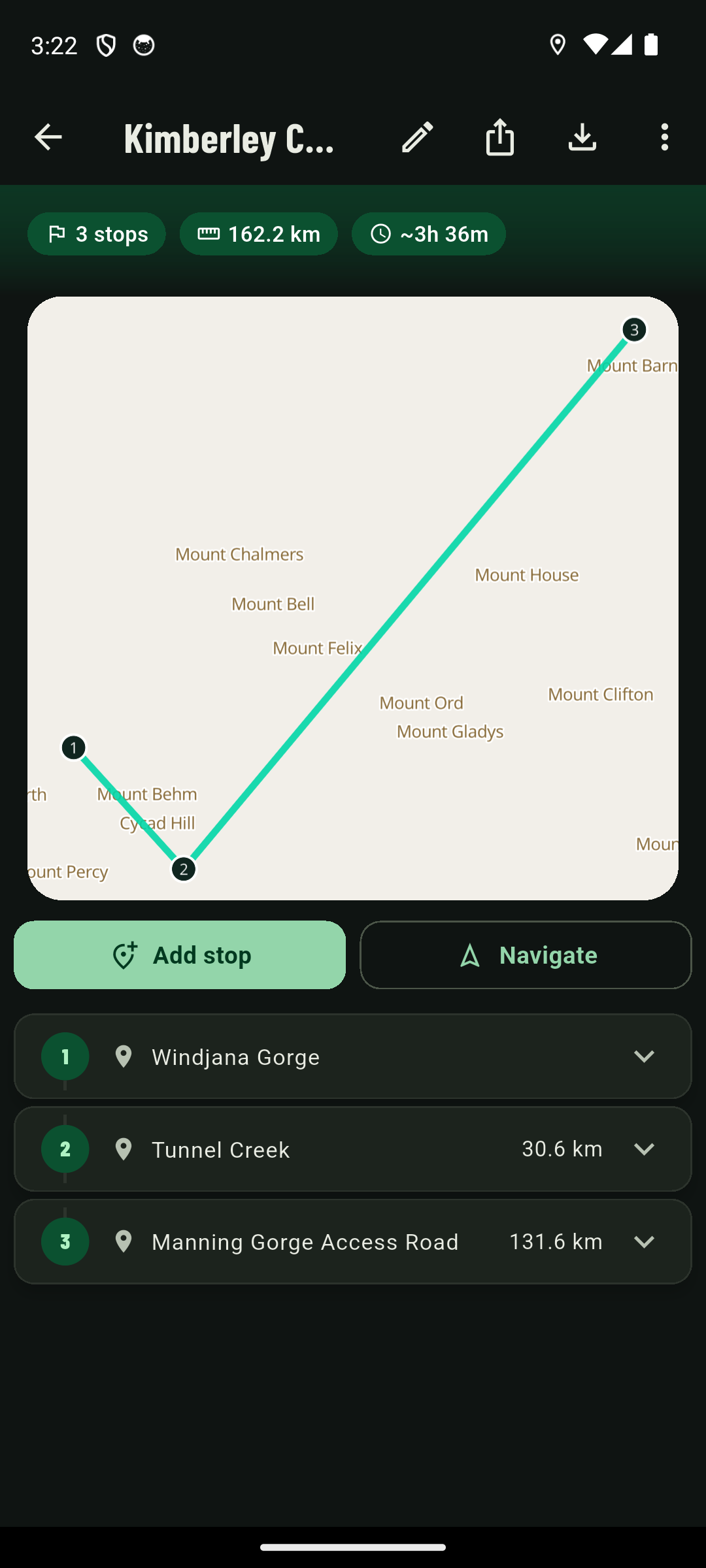 BushNav My Trips screen with a planned Kimberley trip and its stops
