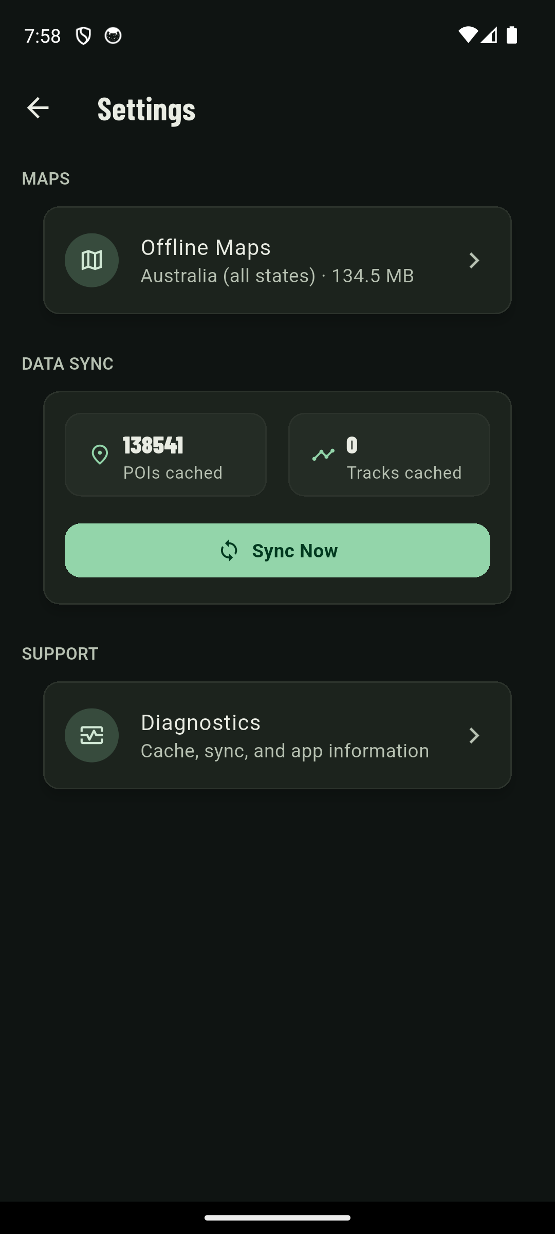 BushNav settings screen showing Australia (all states) downloaded offline at 134.5 MB, with 138,541 POIs cached