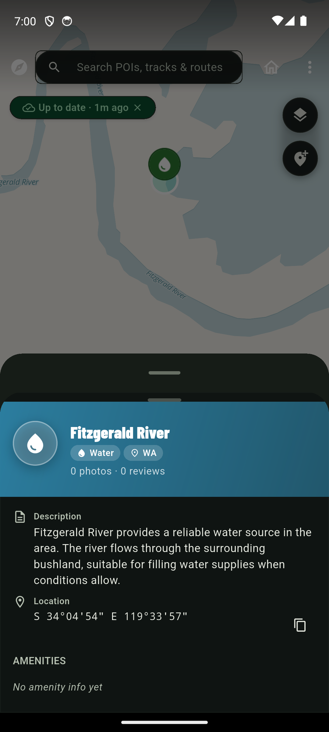 BushNav POI detail sheet for a water source, showing description, photos and reviews