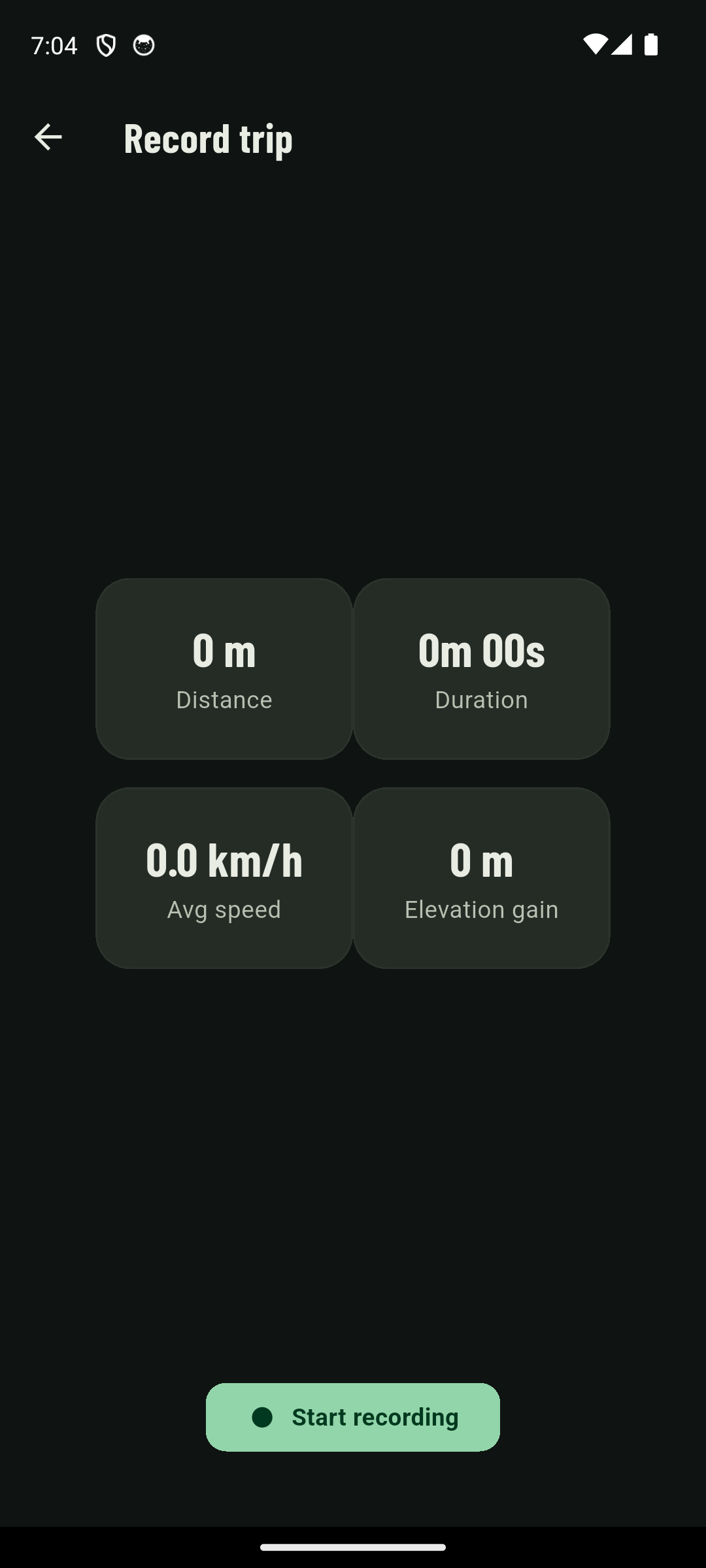 BushNav trip recording screen with live distance, duration, average speed and elevation gain stats