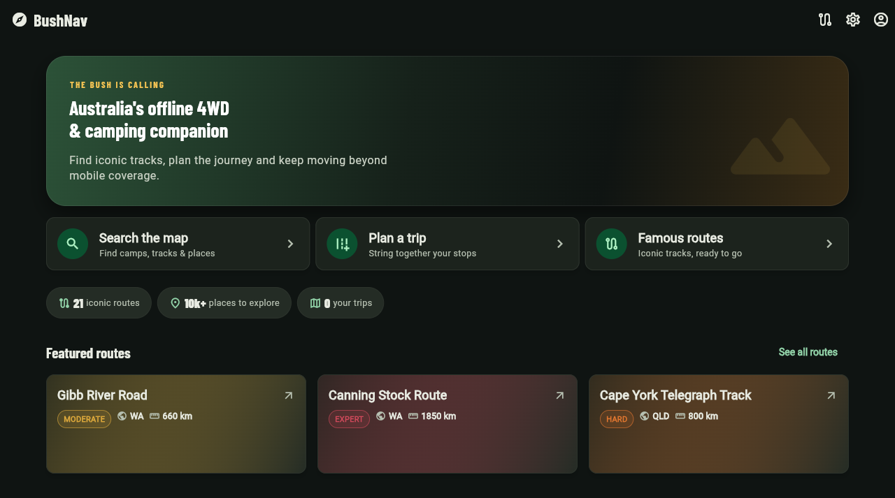 BushNav web app home screen with search, trip planning and featured routes