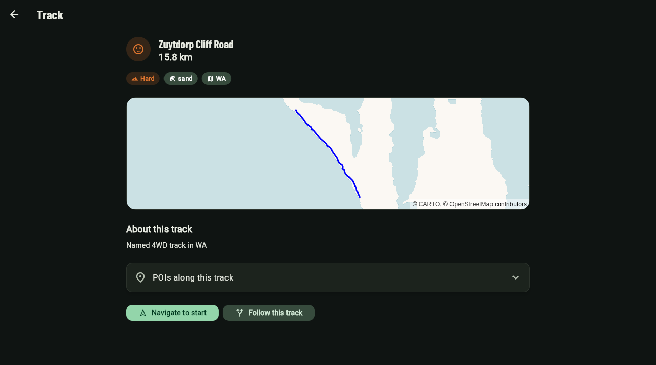 BushNav web track detail screen for Zuytdorp Cliff Road showing distance, difficulty and surface, with the route plotted on the map