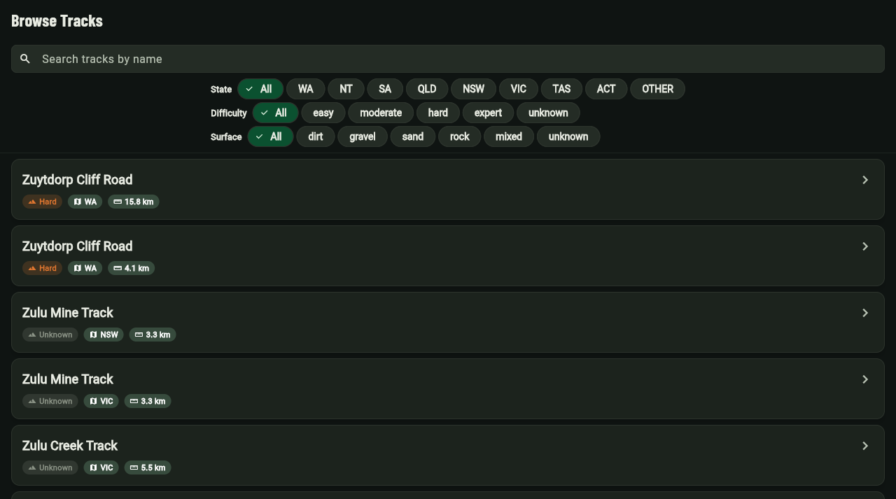 BushNav web Browse Tracks screen with filters for state, difficulty and surface, listing tracks like Zuytdorp Cliff Road and Zulu Mine Track